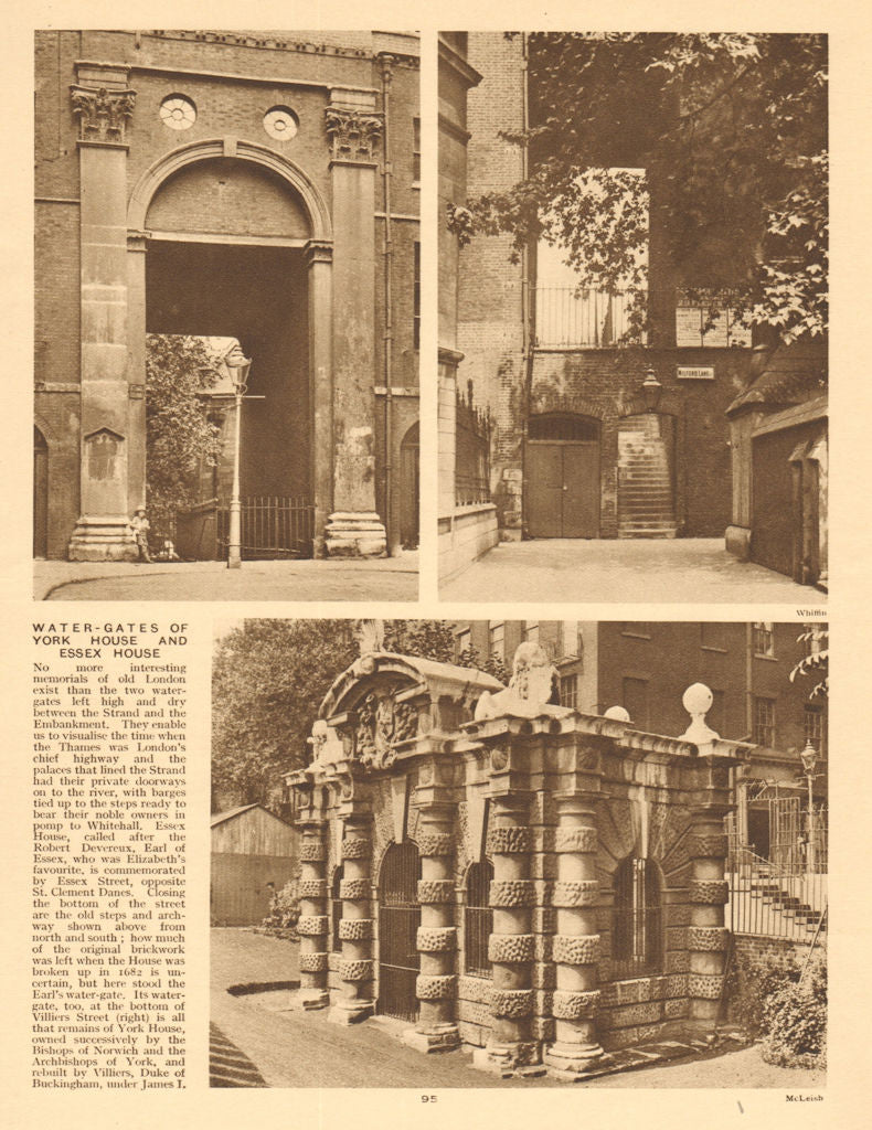 The watergates of York House and Essex House. Strand/Embankment 1926 old print
